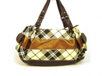 Striped Fashion Handbag in plaid pattern with solid stripes running through it. Side pockets with flap, double shoulder handle & top zipper closure.