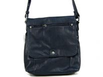 Crossbody bag has a single strap, a magnetic and zipper closure, and outside pockets. Made of faux leather.