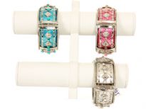 Metal Folding Bracelet Size: 1 1/4" Broad, (12 PCS in Box) Silver Color: White, Grey, Turquoise, Pink