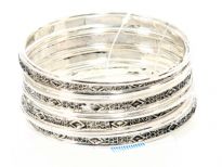 Metal Bangles (12 pieces set) (12 sets in Box), 6 designs Mix, Light Silver Antique/Silver