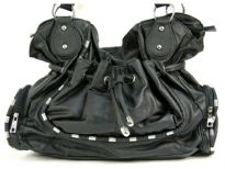 Fashion Handbag has a drawstring closure, a double handle and outside pockets. Made of PVC.