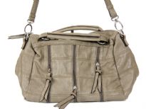 Fashion handbag with short double handle, detachable shoulder strap, top zipper closure, patchwork pattern and zipper details. Made of PU (polyurethane).