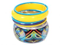Trendy costume jewelery in Turquoise & Yellow Tone including wide cuff bracelet in artistic print with solid yellow resin bracelet. Four thin bangles with three having satin fabric on them. 