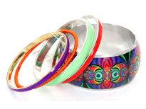 Colorful & Funky five piece bangles set includes one hand painted wide cuff bangle in purple, green, red colors. 3 thin resin bangles in each of above colors with one fabric orange bangle completes this beautiful set.