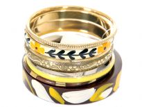 Unique design & attractive 6 piece bangles set has one wooden bangle with abstract painted design, one gold bangle with floral etched design, one ivory bangle with painted floral pattern & 3 thin bangles in gold, yellow, coffee/gold colors each.