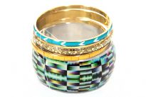 Wide cuff bangle with kaleidoscope like print and three assorted designs/width bangles makes this lightweight & trendy costume bangles set. Yellow & turquoise colored resin bangles and gold colored patterned metal bangle are also part of this set. Imported.