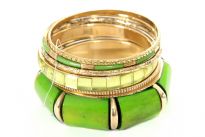 Wide cuff 6 piece bangle bracelet set in Green/Gold. Hand painted resin with gold design. Includes smaller width bangles to complete this beautiful set.
