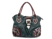 Faux Leather Rhinestones studded bag. Center divider, back outside zipper and cell phone pocket. Belt like clasp over top zipper closing of the bag.