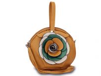 Round clutch bag has an accentuating floral detail, a top zipper closure and a detachable single strap. Made of fuax leather.
