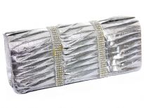 Satin Evening bag Embellished with two Rhinestones strips. Magnetic snap button closing. Metal shoulder chain included.