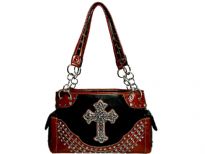 Rhinestones Studded Cross Double Handle Bag. Top zipper closing. Center divider & zipper pockets inside the bag. Two side pockets outside with flaps over them. 