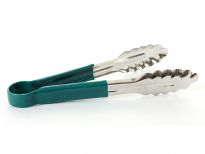 Stainless Steel 9 inches utility tong with PVC Green Handle. Color-coded handles prevent cross-contamination. Made in India.Thickness: 0.9 