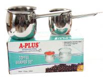 Stainless Steel 2 Piece Turkish Coffee Warmer set with Steel Handle. Shining finish. The edge has a pouring spout for safe and easy pouring. This set has a 12 oz. and 24 oz. coffee warmers.