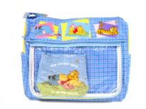 Diaper Bag with cartoon caracters pattern. Bag has multiple compartments for addional storage, zipper closure, and a single strap. Made of Fabric.