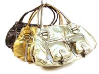 Designer Inspired metallic shoulder bag with a double handle and a zipper closure. Exterior pockets with belts and zipper details adorn the bag. Made of PU (polyurethane).