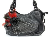Faux Leather Feather/Rose flower & studded bag. top zipper closing. Back outside zipper pocket.