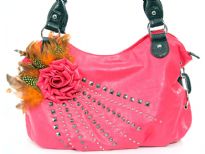 Faux Leather Feather/Rose flower studded bag. Top zipper closing. Back outside zipper pocket.