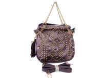 Studs and Rhinestones studded Metal chain handbag. Top zipper closing and adjustable shoulder strap included.
