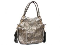 Studs and Rhinestones Fashion Handbag with Double Shoulder Handle. Top zipper closing and back zipper pocket. Adjustable shoulder strap is included.