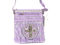 Fleur De Liz Licensed PVC Messenger Bag with logo in rhinestones. Top zipper closure & outside zipper pocket also.