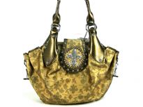 Fleur De Liz Licensed PVC Handbag with its Logo print all over it. Double shoulder handle with rhinestones logo clasp also. Chain accents on the sides of the bag. Imported.