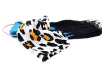 Black & White Cow Print 100% Viscose Scarf with Black & Turquoise Colored Ends. Twisted fringes on the ends. Lightweight and very soft to use. Imported. 