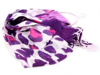 White & Purple Cow Print 100% Viscose Scarf with Pirple & Pink Colored Ends. Twisted fringes on the ends. Lightweight and very soft to use. Imported. 