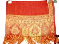 100% Pure Wool Jamawar Shawl in Red color with artistic pattern in gold color on the border. Threads like fringes on the ends of the shawl. Imported.