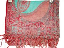 Artistically patterned 100% pure wool Jamawar shawl in shades of red & aqua green. Imported.