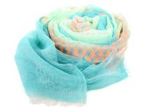 Orange stripes pattern this finely woven lightweight 100% polyester scarf. Light blue & sage colored sheer scarf is decorated with eyelash fringe all over it. Imported. Hand wash.