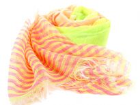 Yellow & pink horizontal stripes pattern flourish over this bright orange 100% polyester scarf. The sheer scarf has eyelash fringes all over it. Imported. Hand wash.
