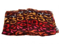 Semi-sheer brown polyester scarf with multi colored abstract print. Big size of the scarf makes it possible to be used as a shawl, wrap or scarf around the neck. Imported. Hand wash.