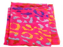 Semi-sheer hot pink polyester scarf with multi colored abstract print. Big size of the scarf makes it possible to be used as a shawl, wrap or scarf around the neck. Imported. Hand wash.