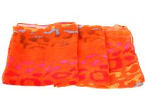Semi-sheer orange polyester scarf with multi colored abstract print. Big size of the scarf makes it possible to be used as a shawl, wrap or scarf around the neck. Imported. Hand wash.