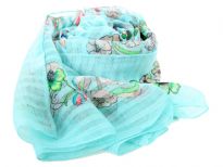 A garden of multi colored floral print blooms over this finely made 100% polyester scarf in light blue which is lightweight to use. It can be used all year around with any kind of outfit. Imported. Hand wash.
