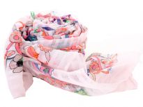 A garden of multi colored floral print blooms over this finely made 100% polyester scarf in white color which is lightweight to use. It can be used all year around with any kind of outfit. Imported. Hand wash.