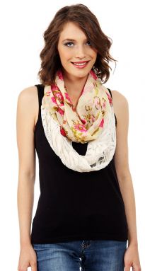 Floral pattern ivory colored lace patch adds textural contrast to this lightweight floral print Infinity Scarf which is soft & breathable to be used all year around.  