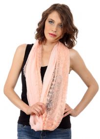 Mesh panel in the middle along its circumference with lace on sides of this fringe framed infinity scarf which is soft & breathable to use all year around. Floral embroidery on mesh panel gives that feminine charm to this semi-sheer scarf.