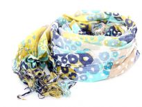 Circular print in shades of blue & yellow over off-white base of this yarn dyed viscose scarf. Imported. Hand wash. Imported.