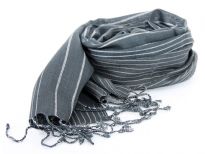 Grey colored yarn dyed 100% viscose scarf with white stripes running through it vertically. Thin twisted fringes on the ends of this comfy scarf. Imported.