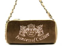 Suede Barrel Shape Fashion Handbag with "princess of culture" embroidery over it. PVC & chain twisted together make the shoulder strap. Top zipper closure.