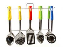 This is a set of 5 kitchen tools (in 4 colors). Basting spoon, basting spoon hole, skimmer, ladle and turner. The box has a total of 120 units (24 sets of 5 tools) with stainless steel display stand.