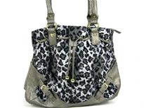 Animal Print Velvet Handbag with double shoulder handle & patchwork in contrast PVC material. Belt accents on the corners of the bag & also has drawstring closure.