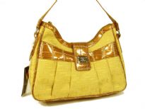 Overlap square print jacquard fashion handbag with patent leather patchwork, shoulder strap & top zipper closure. Pleated in front with clasp closure on the top. Imported.