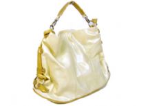 Designer Inspired Shoulder bag has a top zipper closure and a single strap. Bag has a metallic texture and ruched detials along the sides. Made of PU (polyurethane).