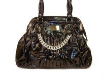 Designer Inspired Handbag with distress pattern and metal chain detail. Bag has a double handle and a top zipper closure. Made of PU (polyurethane).