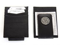 Carry your money in style. This is a Genuine Leather credit card holder and magnetic Money clip with metallic zinc concho cross design. As this is genuine leather, please be aware that there will be some small creases and nicks in the leather but the wallet are all brand new.