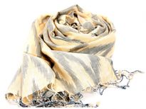 This lemon colored viscose scarf has artistic zig-zag like woven pattern in grey color. Thin twisted fringes at the ends of the scarf. Imported.