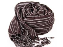 Long twisted fringe decorates the ends of this lightweight coffee colored viscose scarf with white stripes woven into it. Imported.
