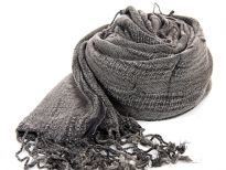 Long twisted fringe decorates the ends of a medium weight textured viscose scarf in deep brown color. Imported.